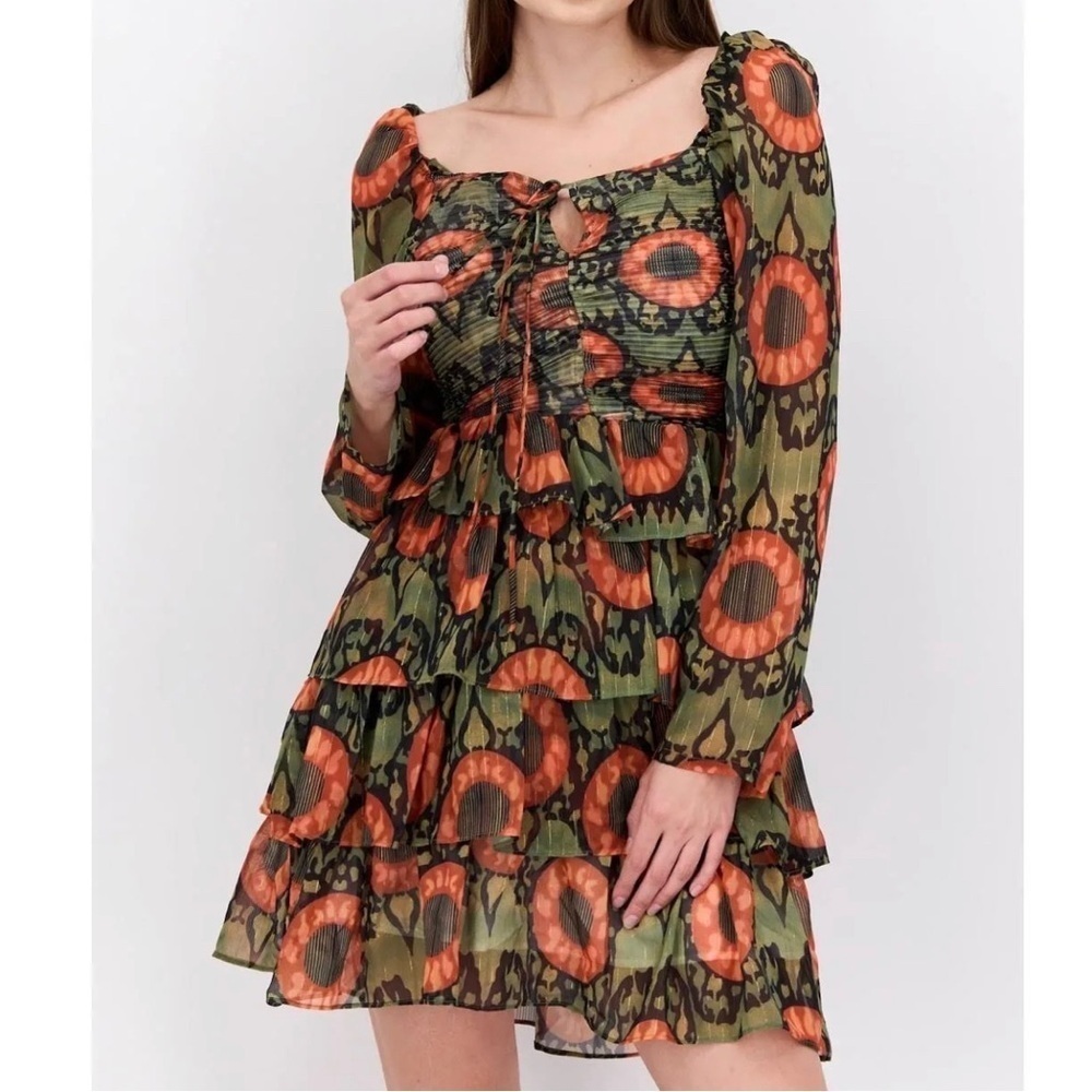 NWT BEULAH|| Mini Dress M Green Orange Abstract Tiered Fairycore Boho Cottage